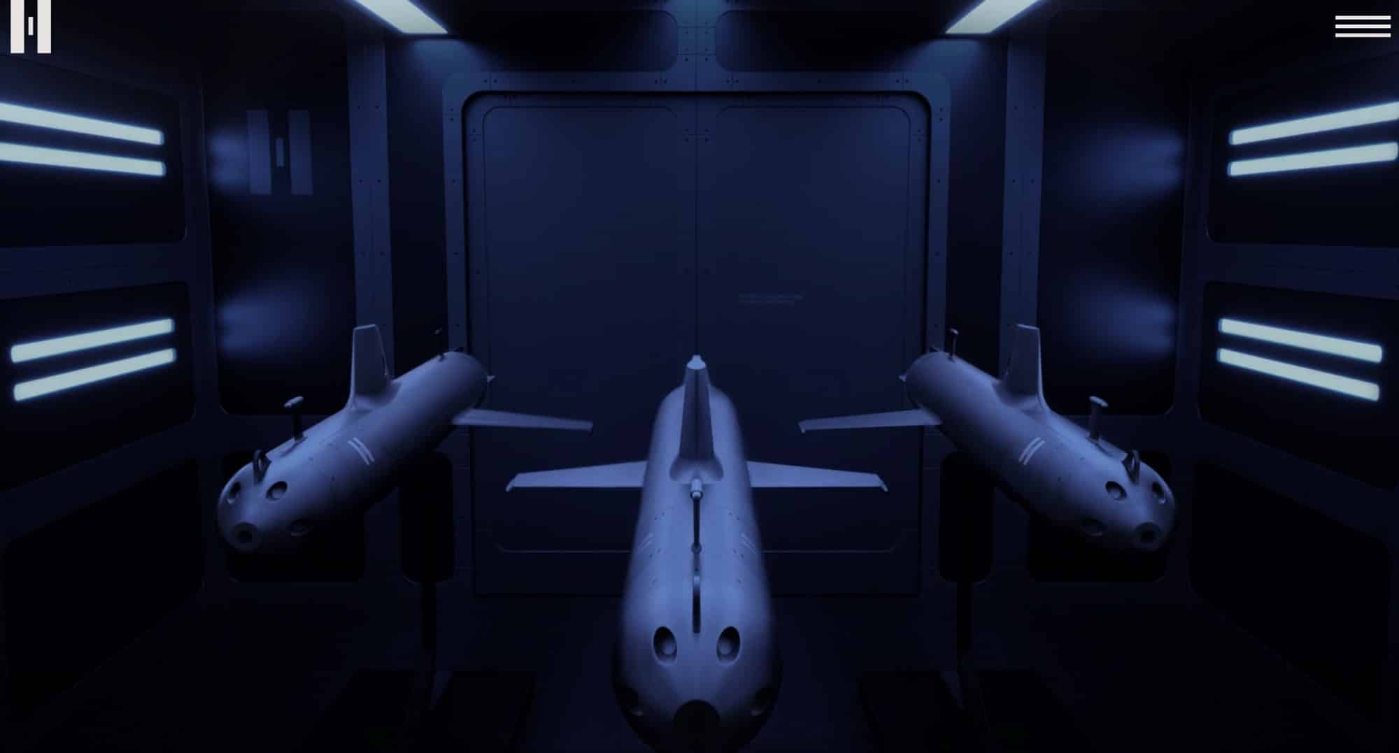 Rendering of underwater gliders racked in a blue-lit hangar bay.