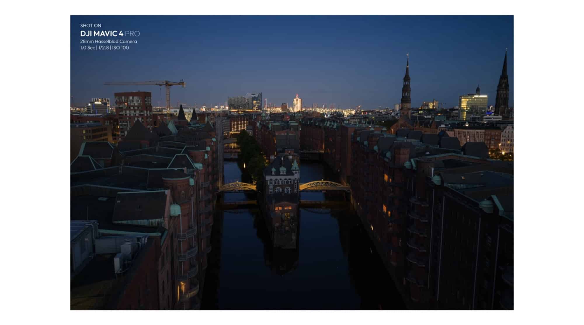 Hamburg skyline and a still canal at blue hour from the 28mm Hasselblad camera.