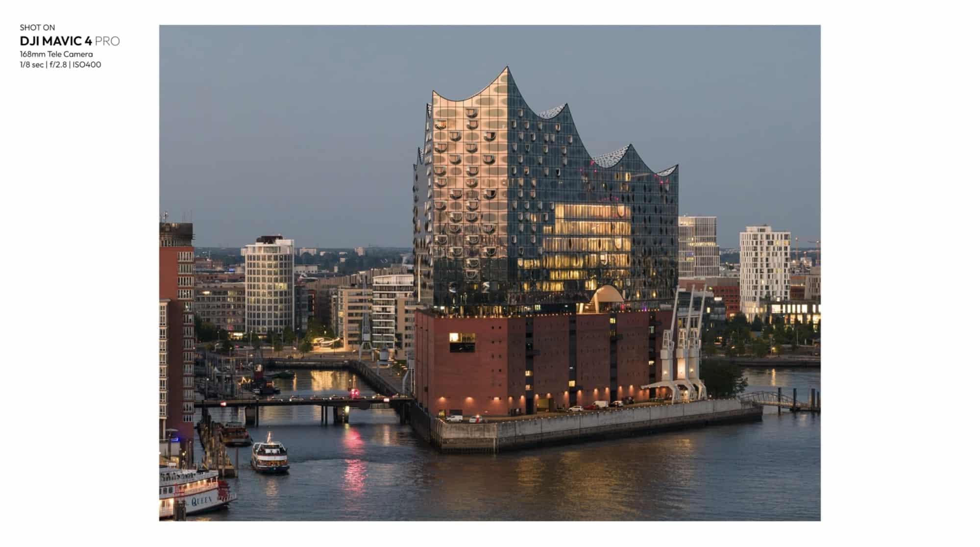 Elbphilharmonie at dusk on the 168mm tele camera, one eighth second at ISO 400.