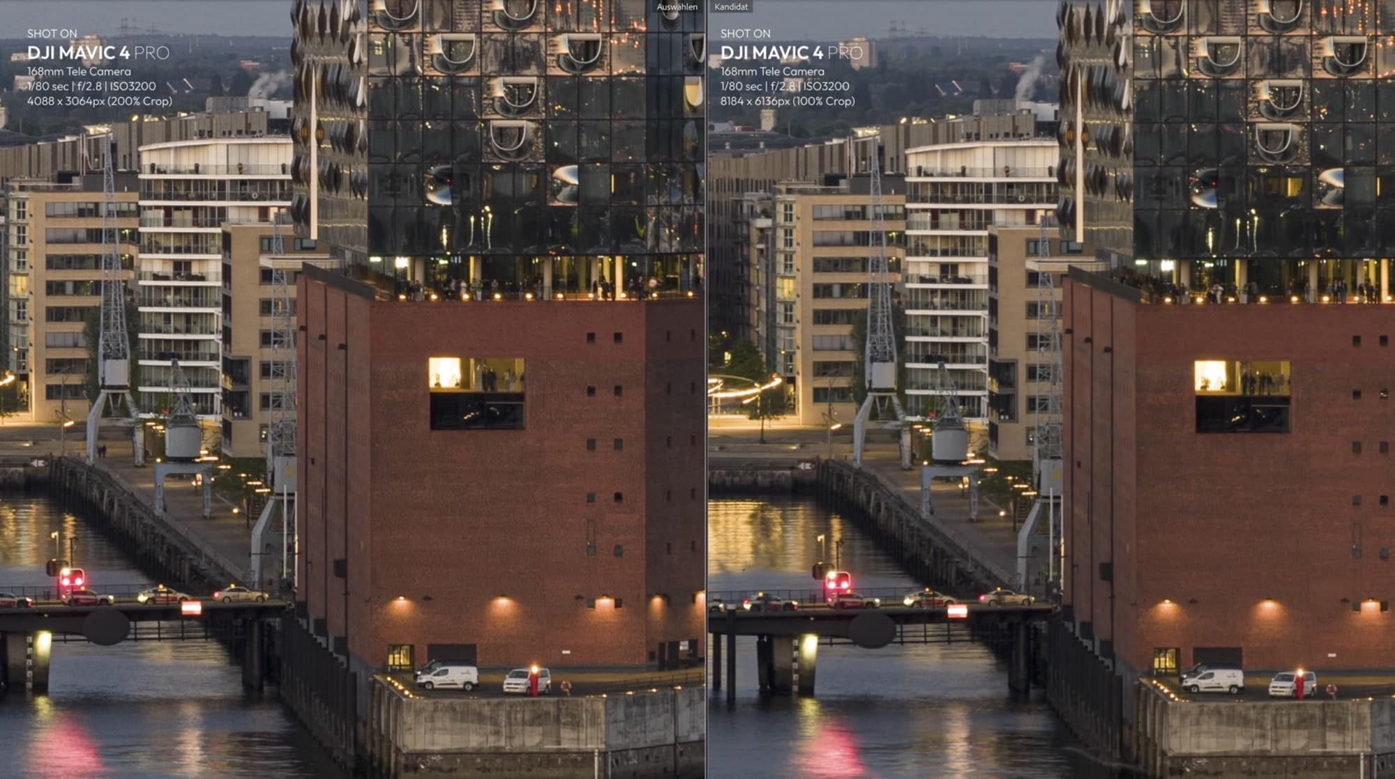 Two Elbphilharmonie crops side by side, 4,088 pixels wide against 8,184 pixels.