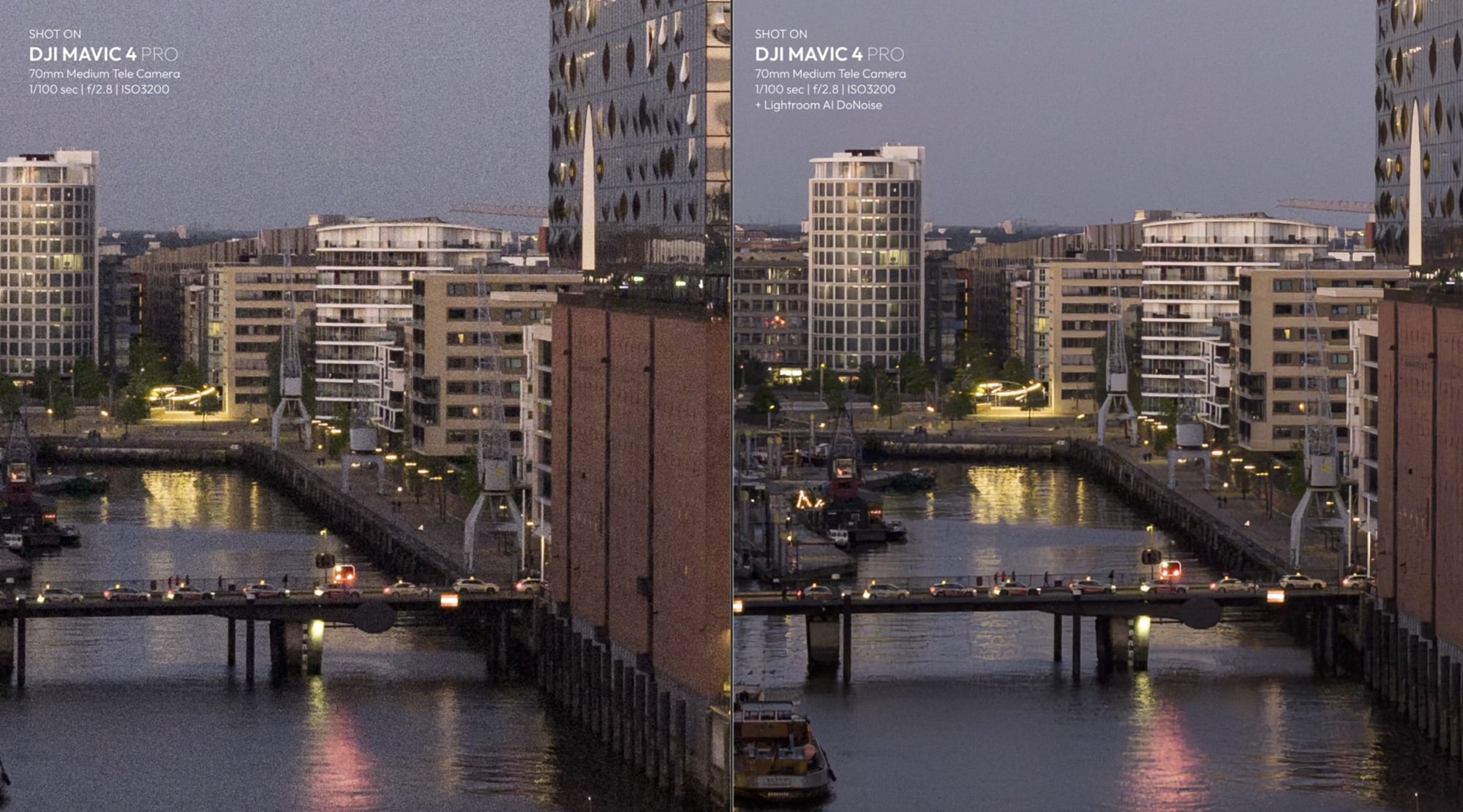 Split comparison of a HafenCity canal at ISO 3200, raw on the left and denoised right.