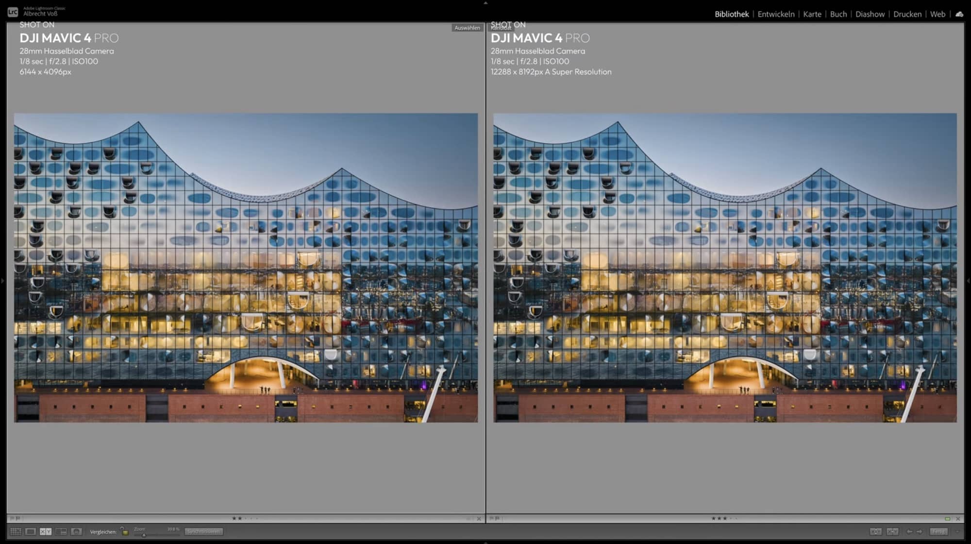Lightroom compare view pitting a 6,144-pixel frame against AI Super Resolution.