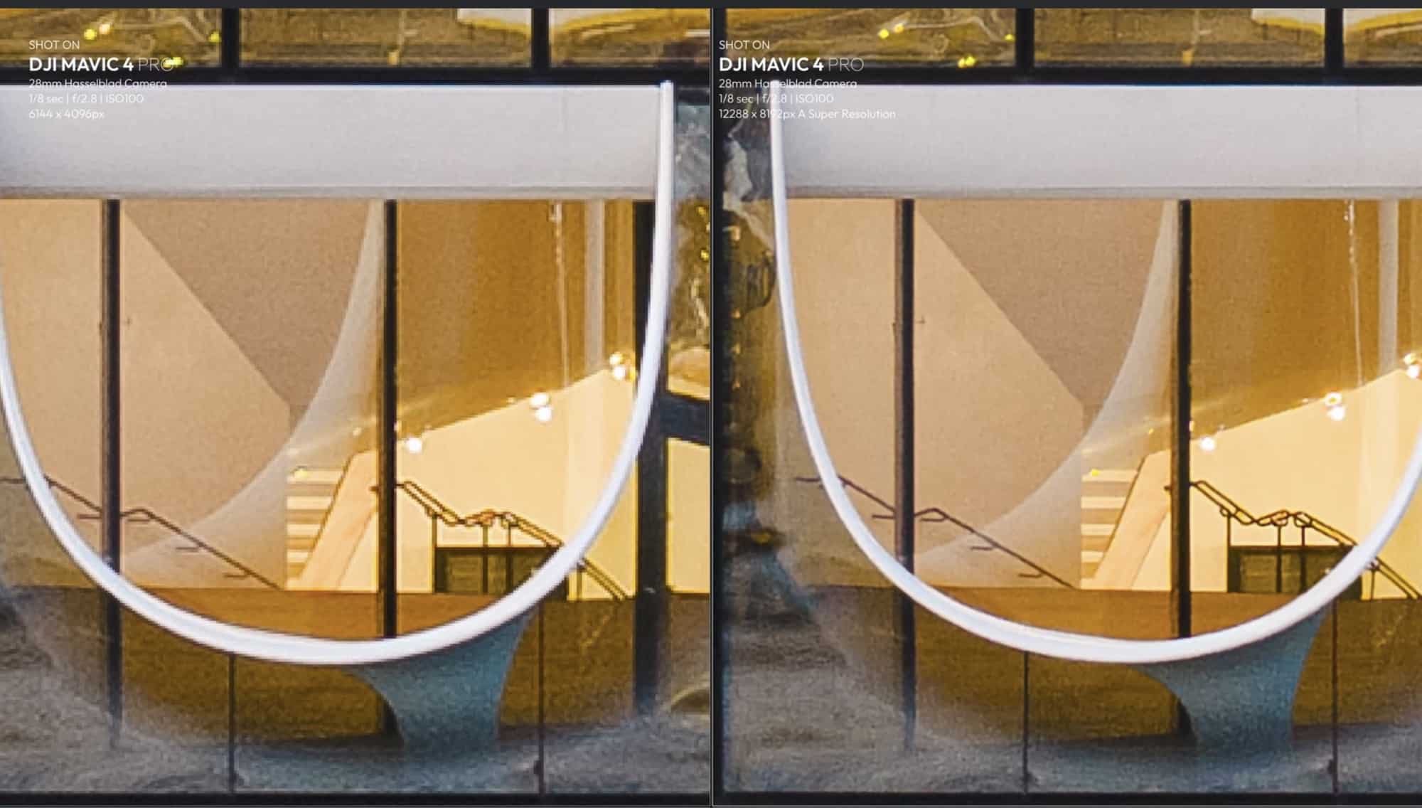 Paired crops of a curved staircase behind glass, standard file against Super Resolution.