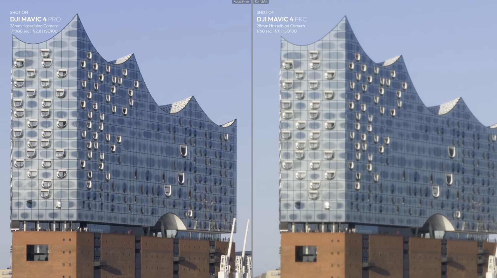 Elbphilharmonie facade shot at f/2.8 beside the same frame stopped down to f/11.