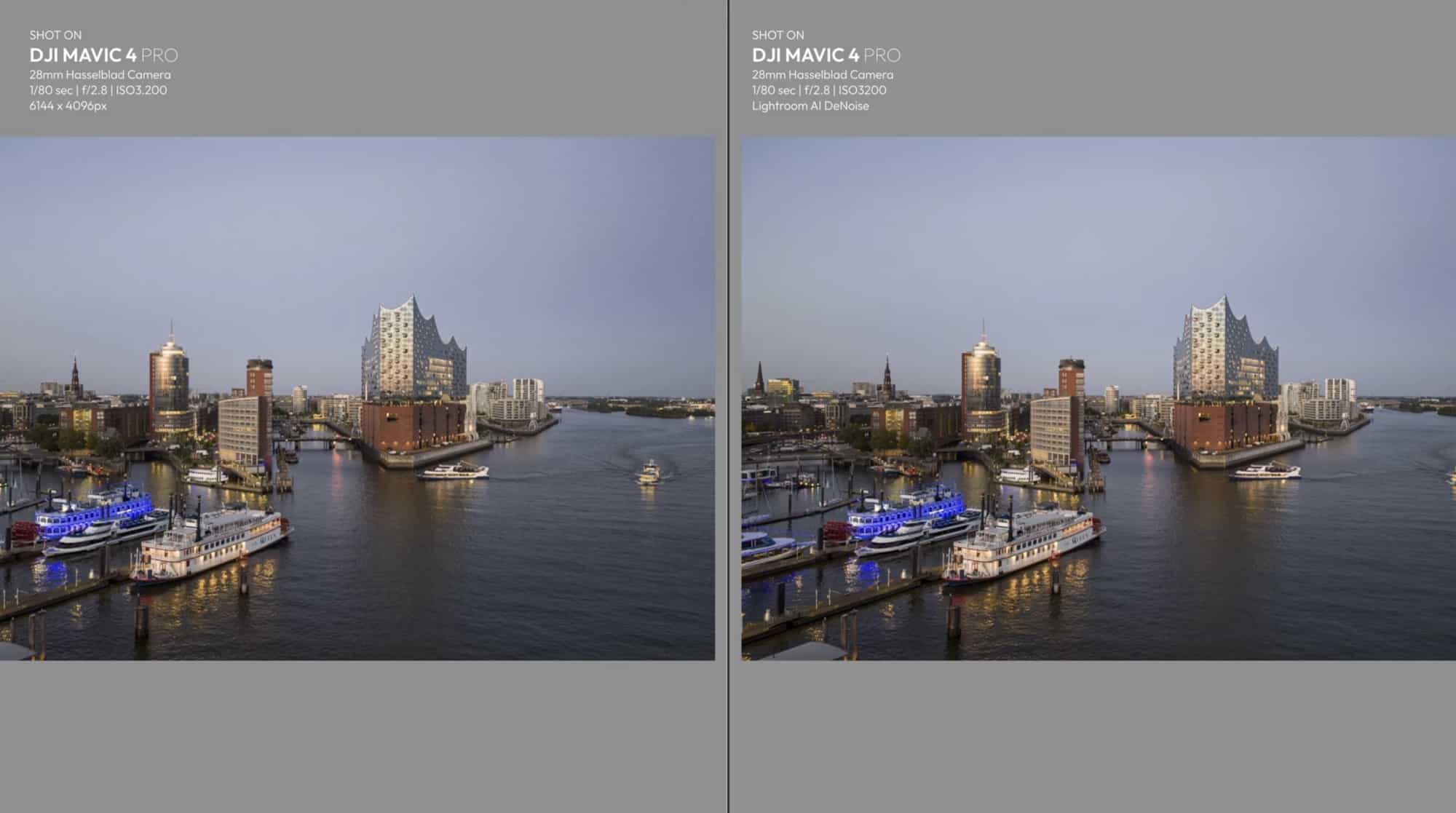Lightroom compare of a wide harbor panorama before and after AI noise reduction.