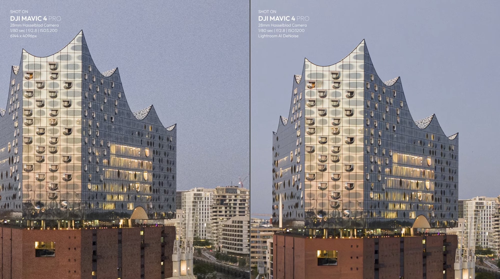 The Elbphilharmonie roofline against a grainy sky beside its cleaned-up denoised twin.