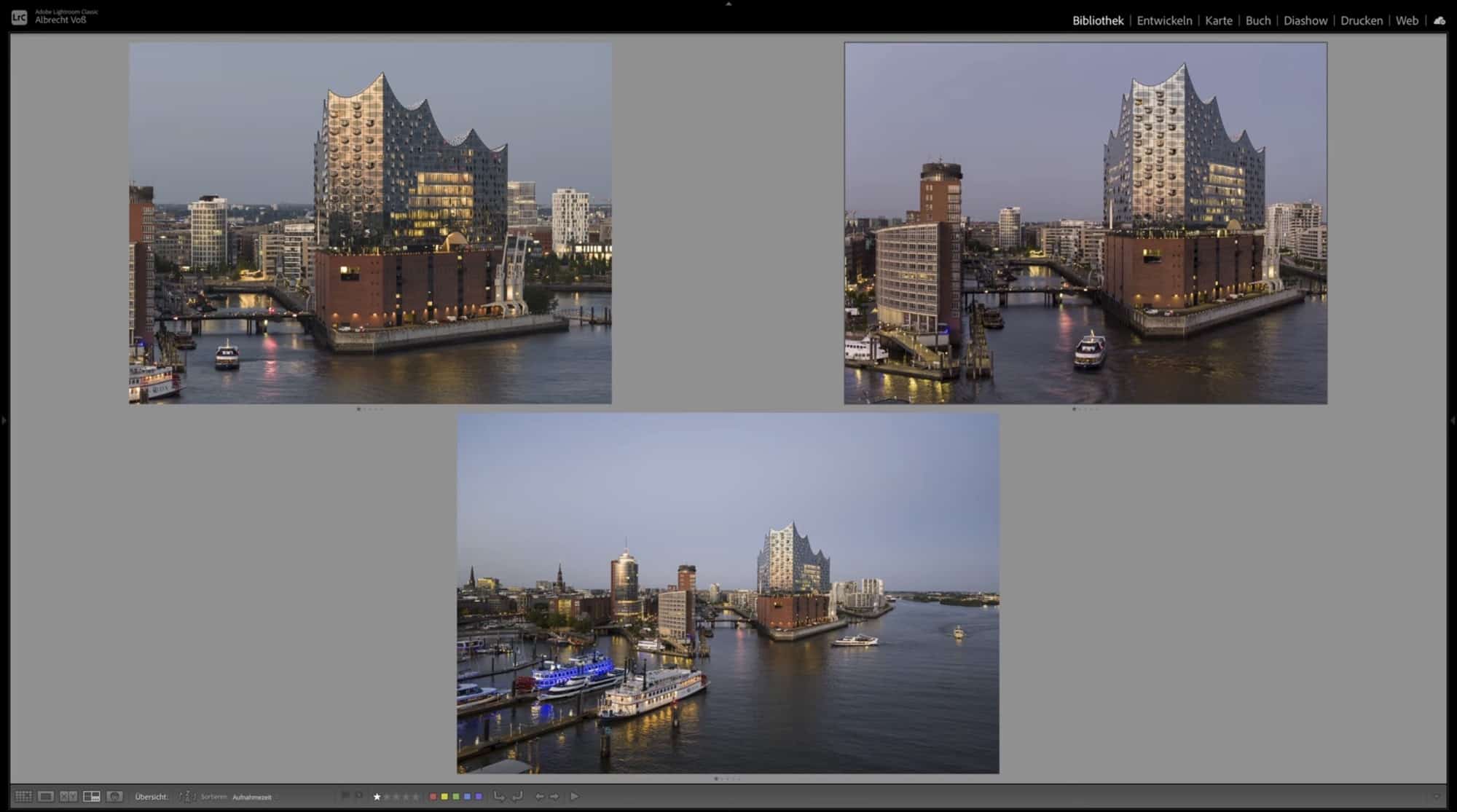 Lightroom survey view holding three Hamburg harbor frames on a gray canvas.