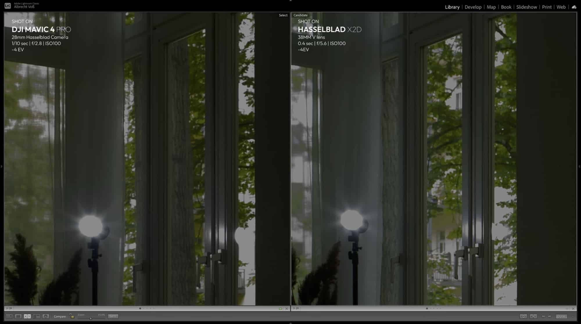 Shaded glazed doorway pulled down four stops, drone frame beside the X2D frame.