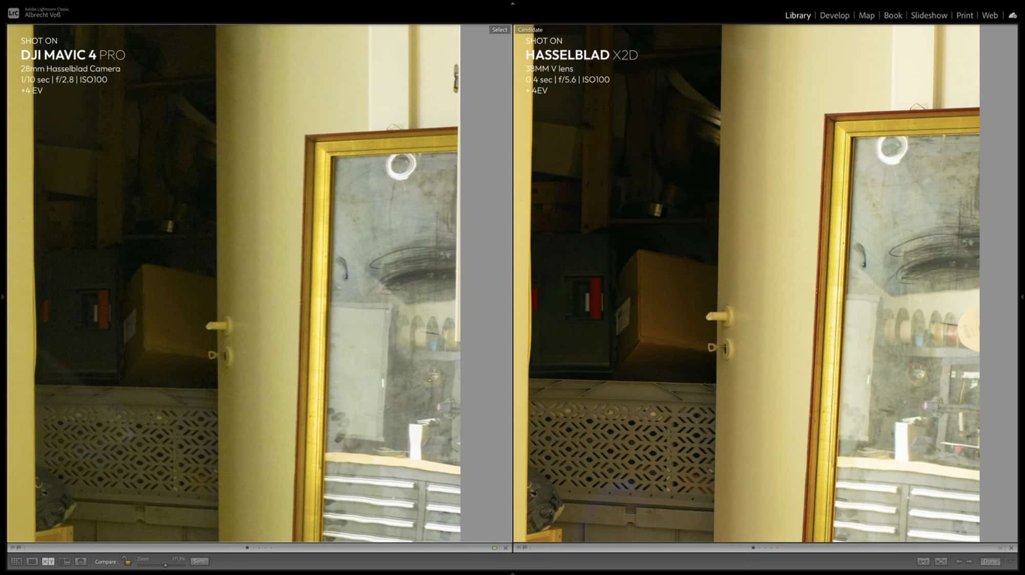 Gold-framed mirror in a dim room lifted four stops, drone frame beside the X2D frame.