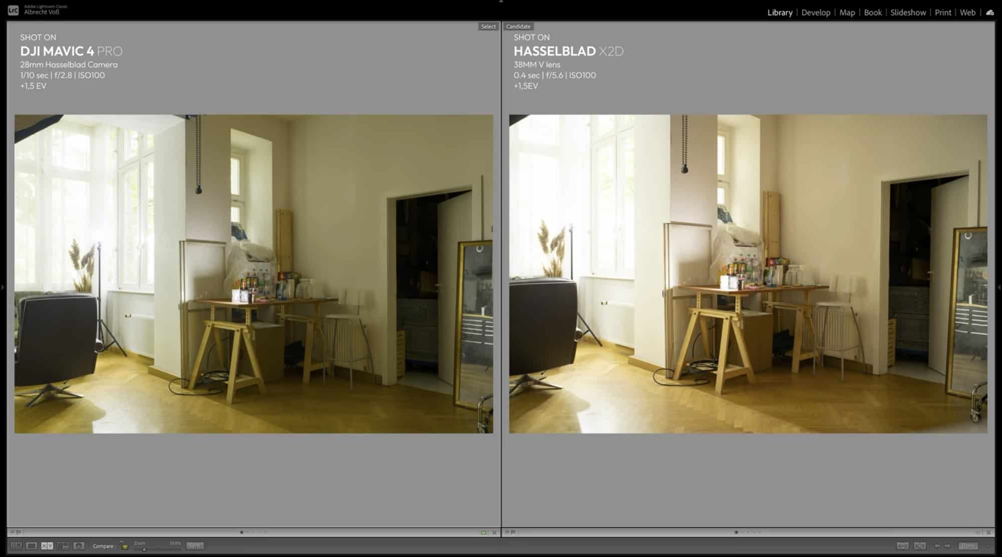 Bright studio room raised one and a half stops, drone frame beside the X2D frame.