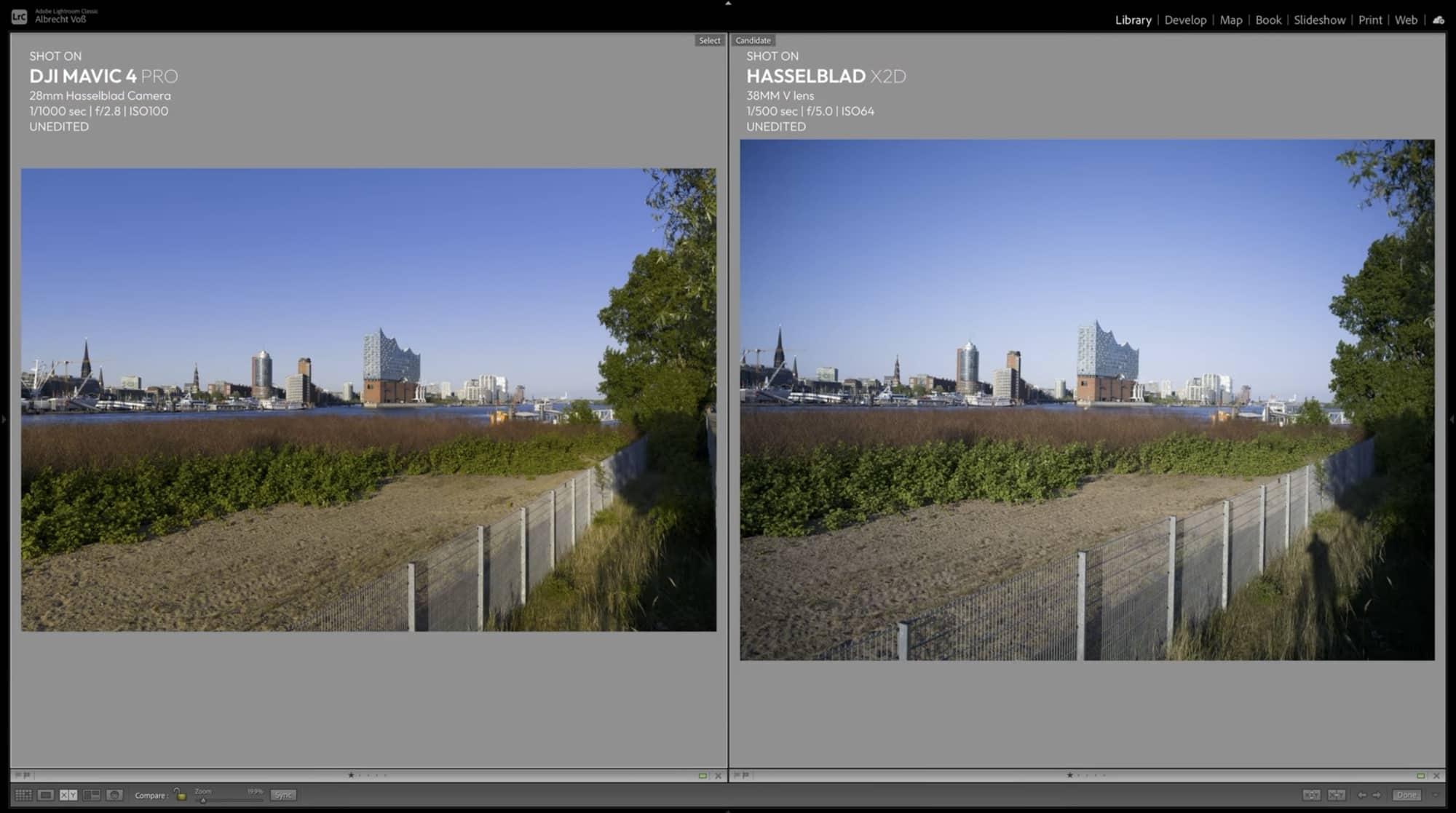 Skyline seen from a gravel dike, the drone frame beside the Hasselblad X2D frame.