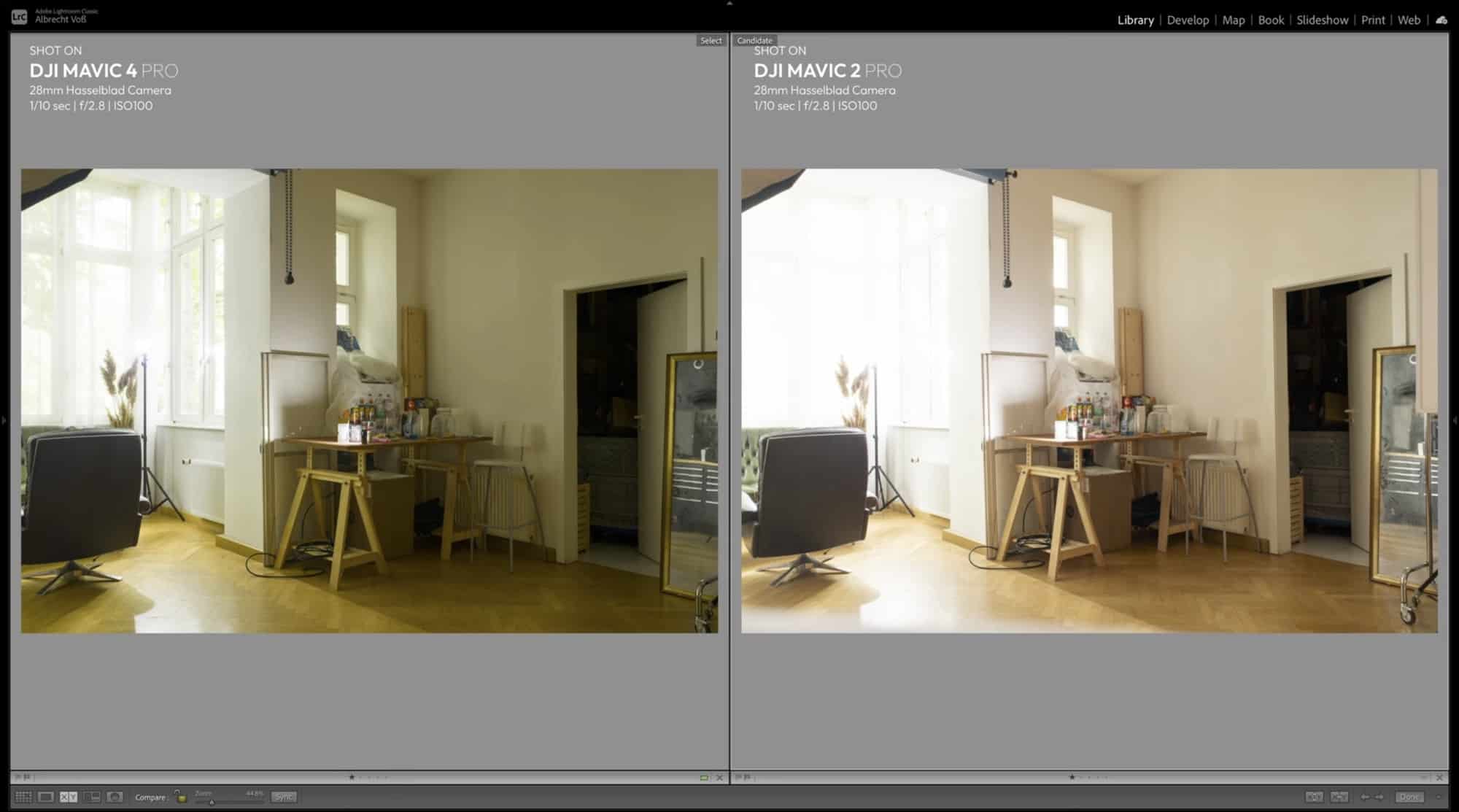 The same studio interior captured by the Mavic 4 Pro and the older Mavic 2 Pro.