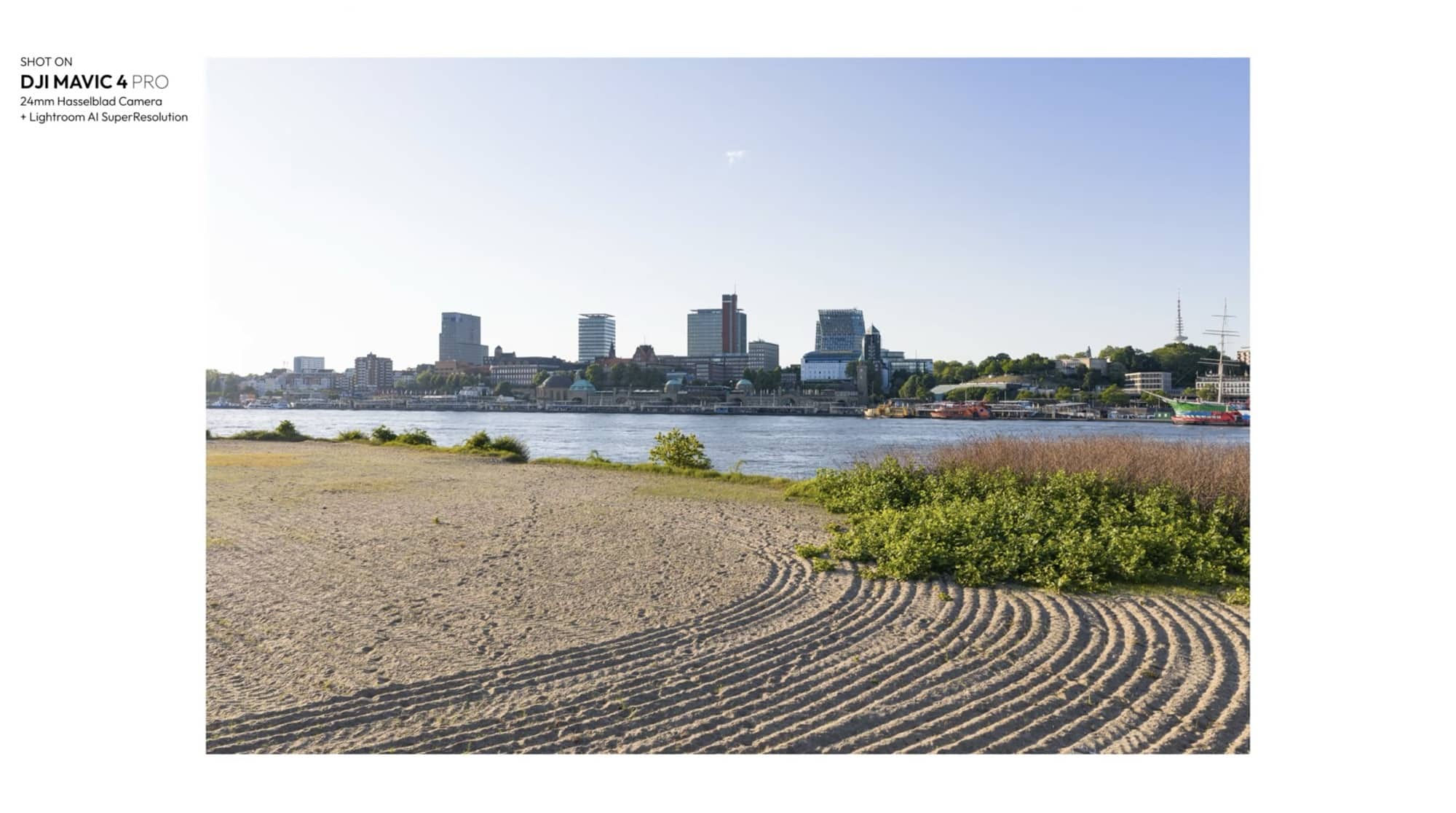 The same raked beach and skyline from the drone with AI Super Resolution applied.