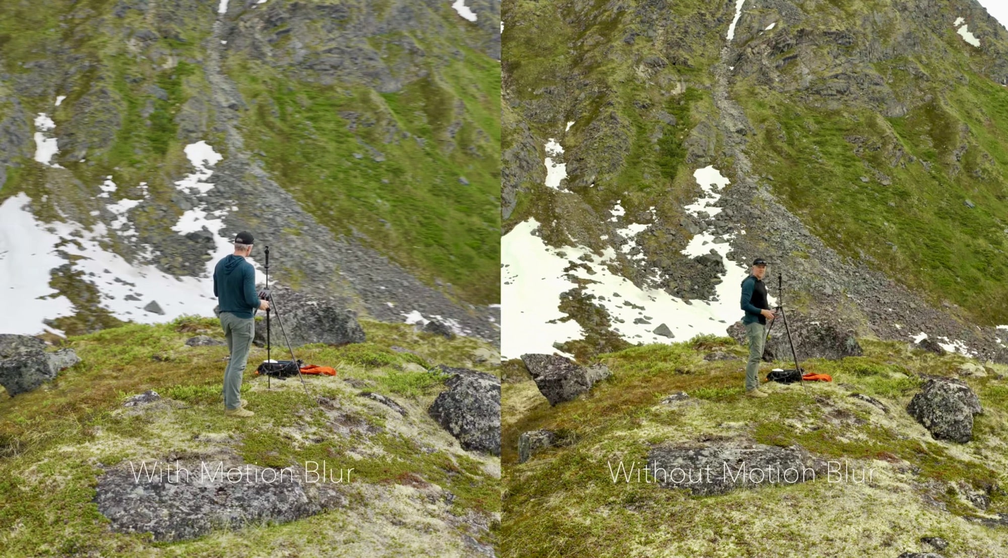 Split screen comparing the same hillside shot with and without motion blur.