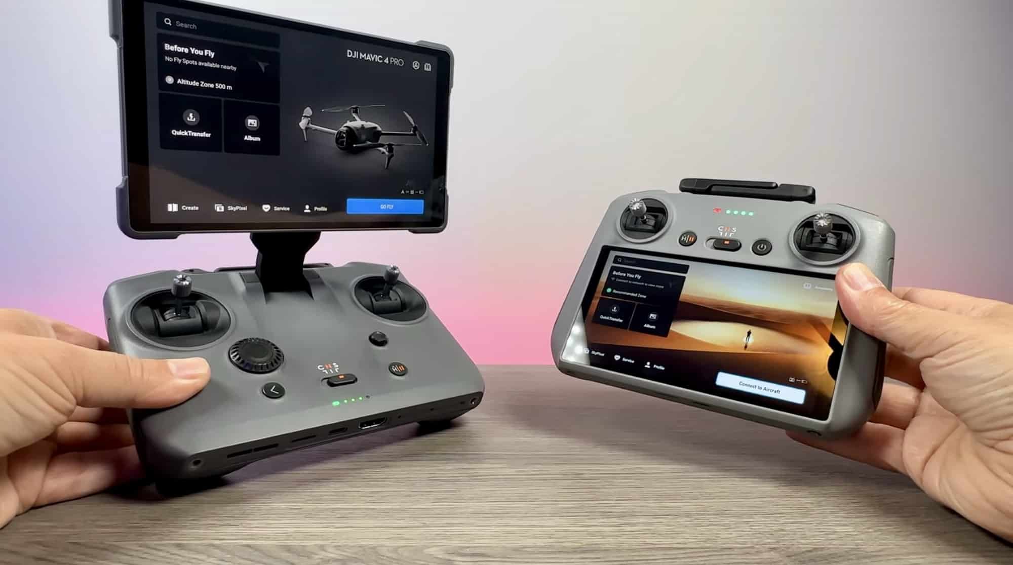 RC Pro 2 and RC 2 held side by side on a desk to show the screen size gap.