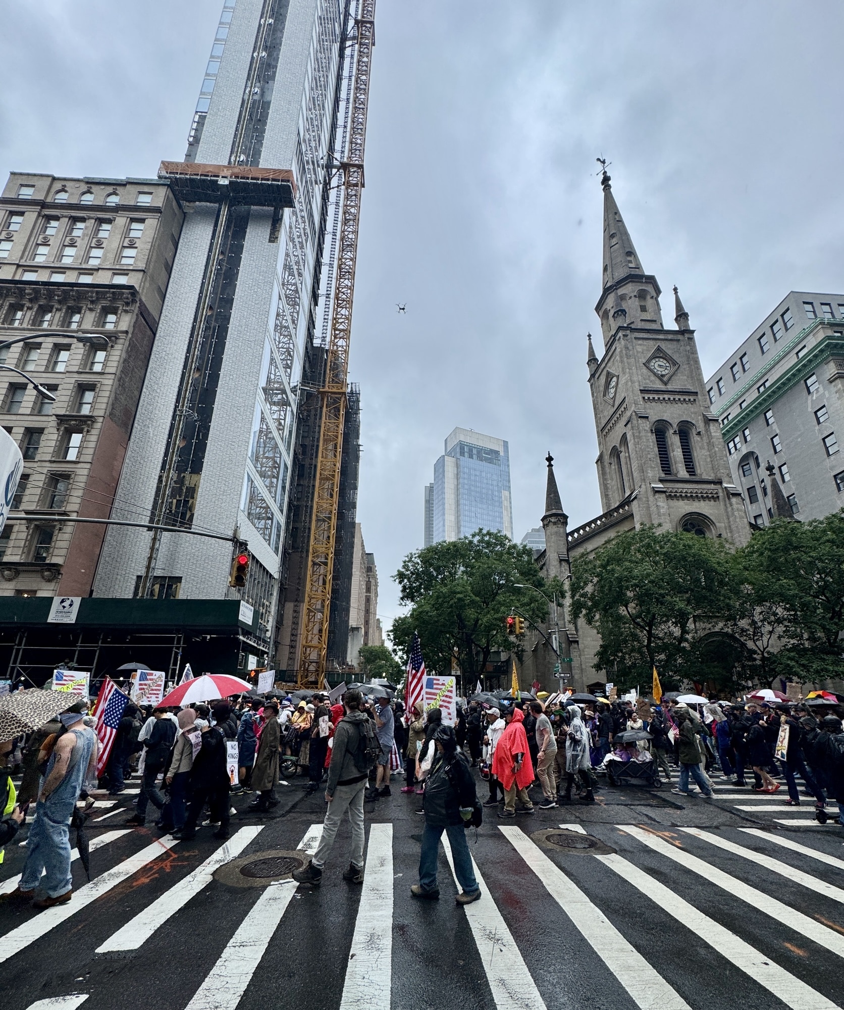 NYPD Skydio X10 drone monitoring the No Kings protests in New York City.