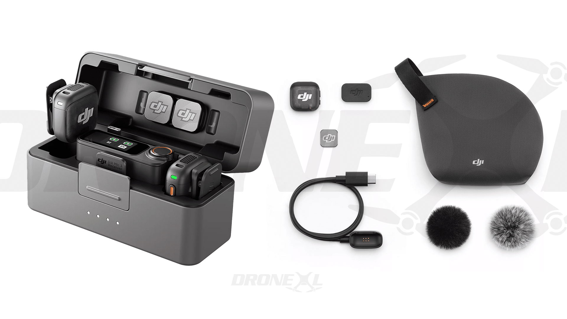 DJI Mic 3 2 TX + 1 RX + Charging Case (left) and the DJI Mic 3 Transmitter only (Right).