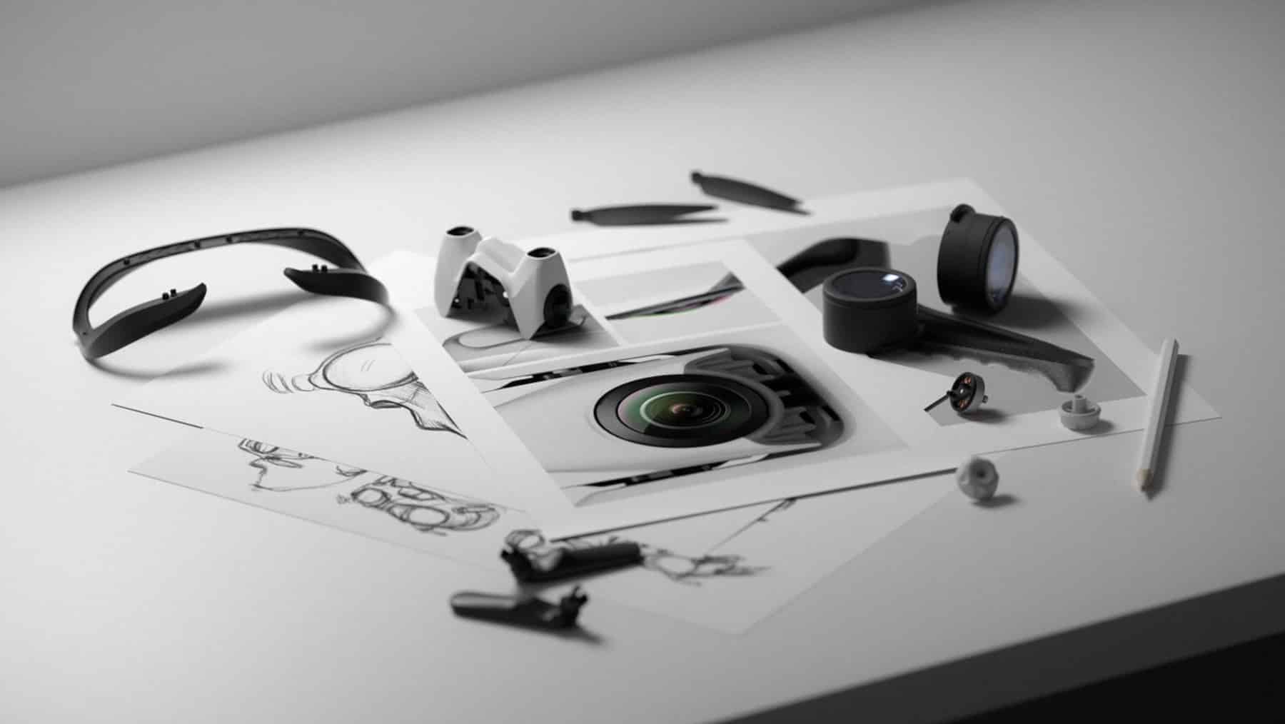 Monochrome flat-lay of drone and goggle parts arranged over concept sketches.
