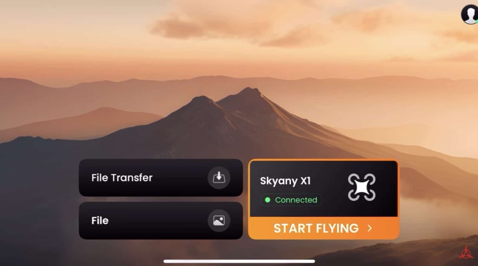 App home screen showing the X1 connected with a start flying button.