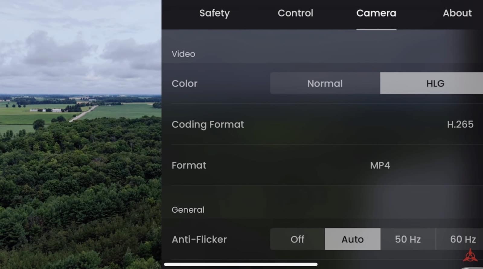 Camera settings panel offering normal or HLG color over a live field view.