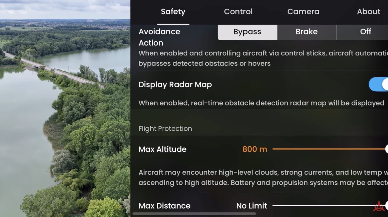 Safety settings panel with maximum altitude set to 2,625 feet (800 meters).