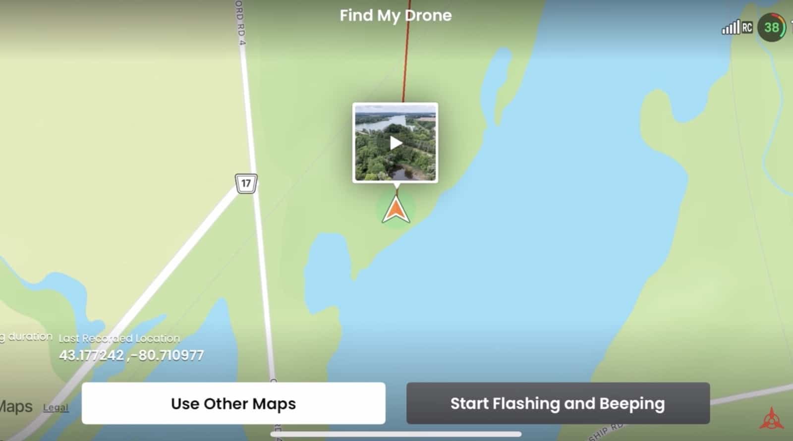 The SkyRover app user profile with its find my drone locator option.