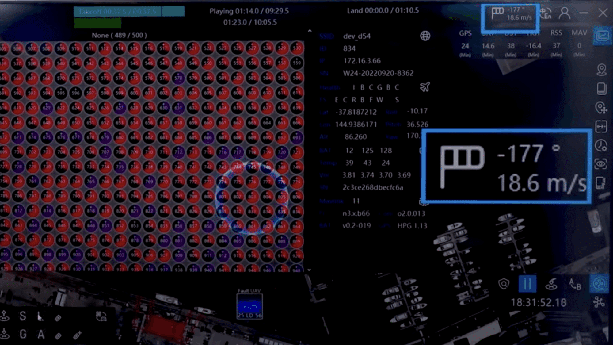 Ground control station screen showing hundreds of drone icons and a highlighted wind indicator.