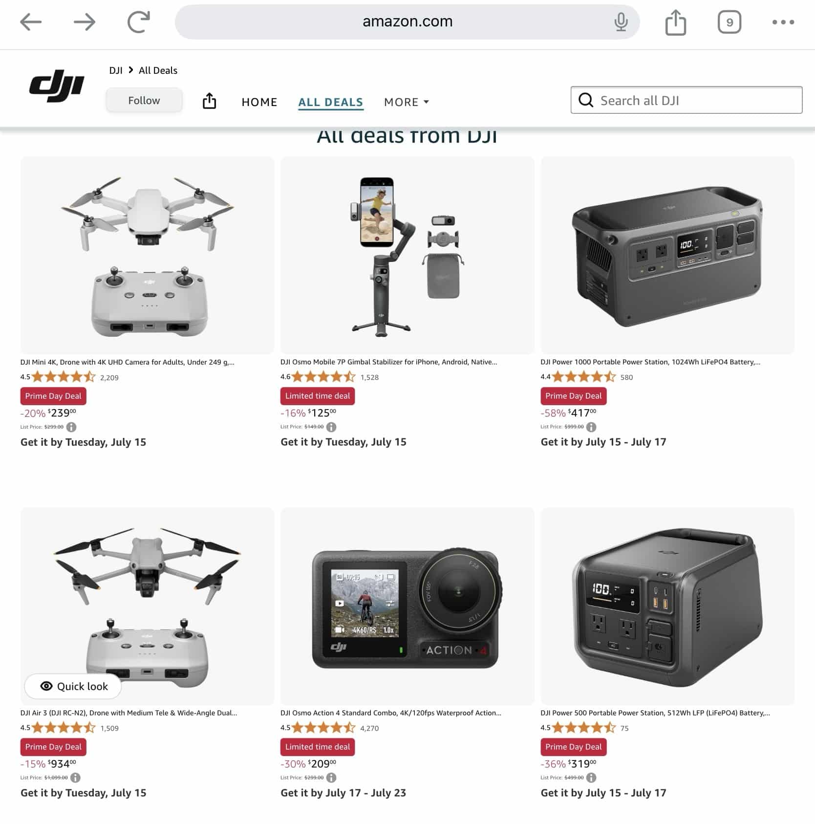 Screenshot of an Amazon storefront listing discounted DJI drones, gimbals and power stations.
