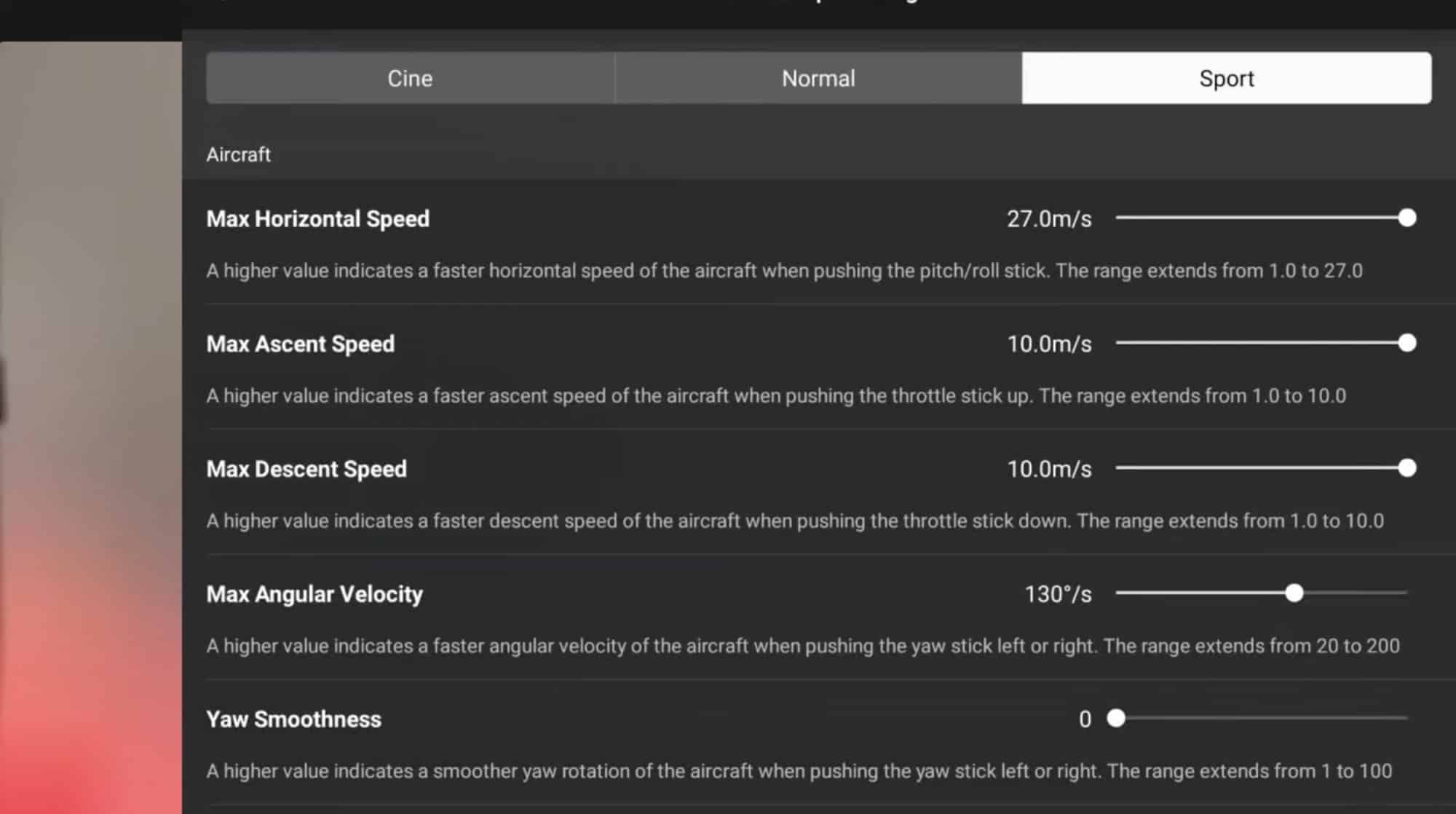 Aircraft settings screen with the sport-mode top speed pushed to 60 mph (27 m/s).