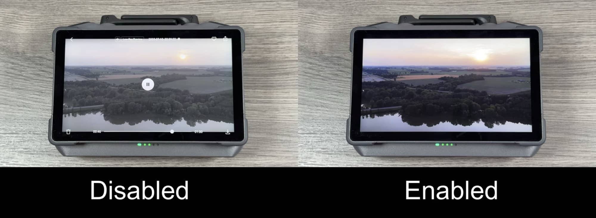 Side-by-side controller screens labeled disabled and enabled over the same lake.