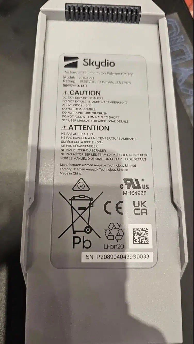 Close-up of a Skydio battery label noting Chinese manufacture and safety marks.