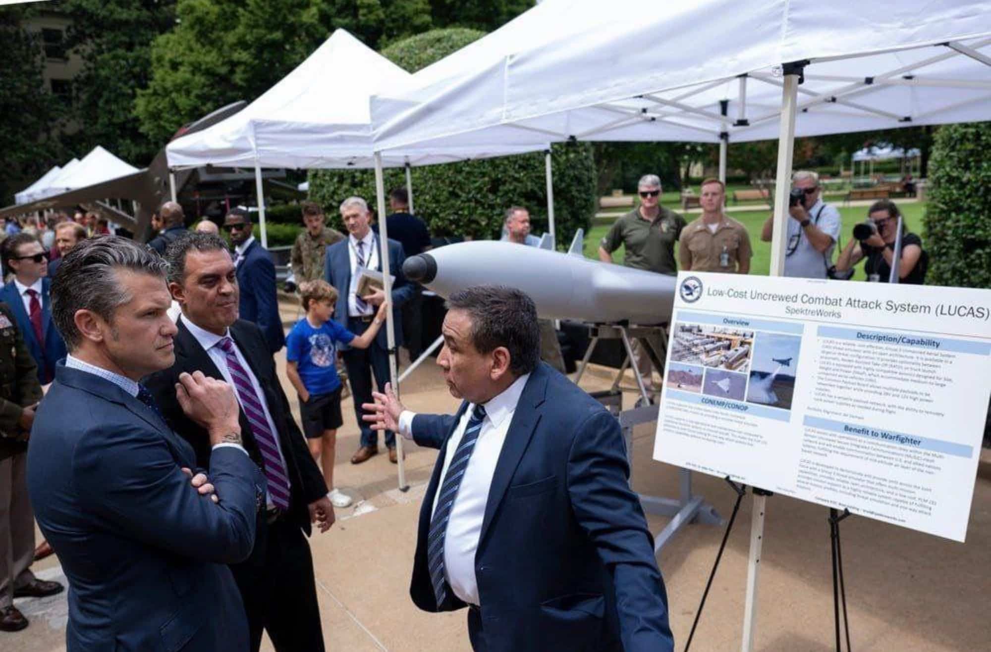 LUCAS low-cost combat drone from SpektreWorks displayed at the Pentagon.