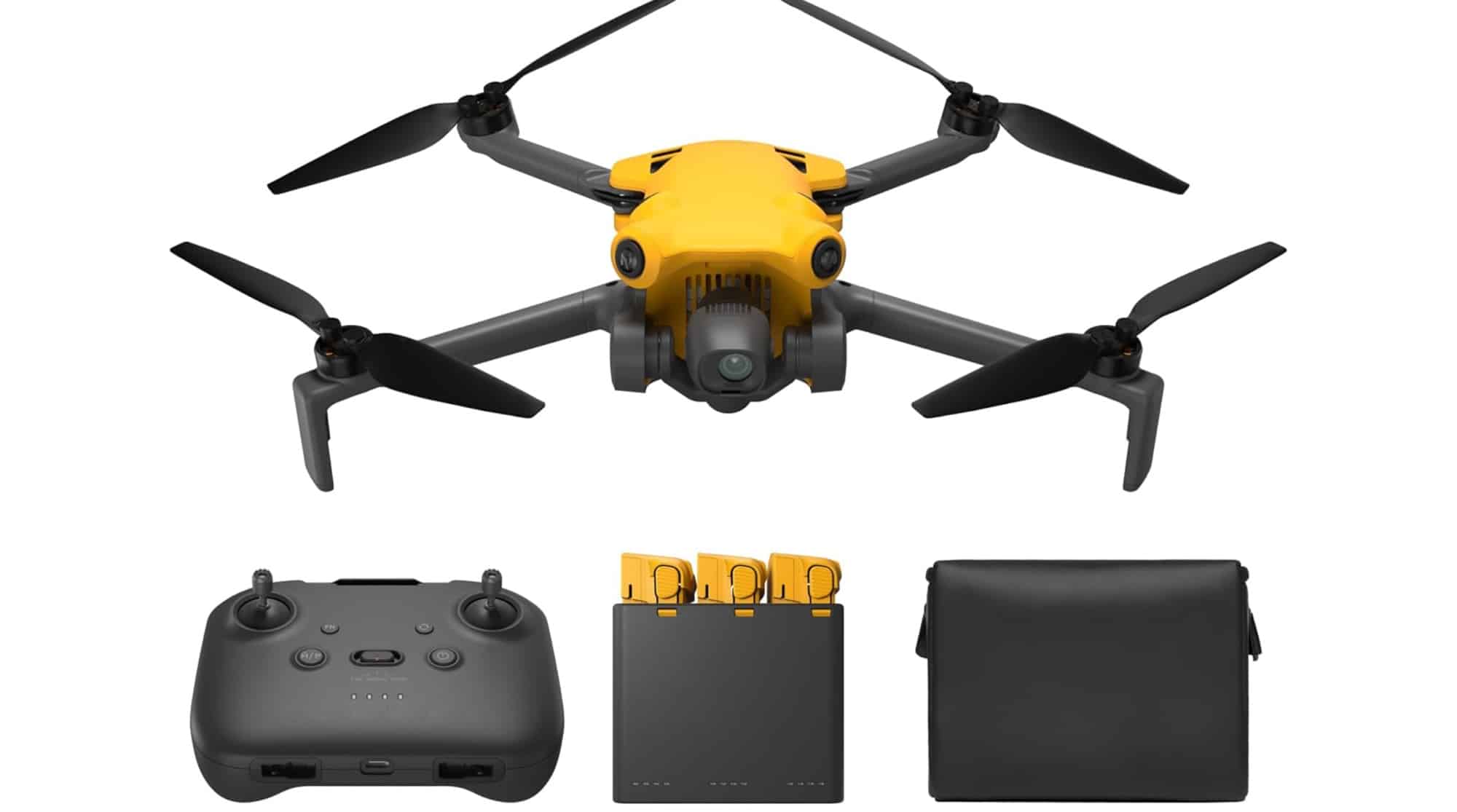 Product render of the drone with propellers extended above its controller, hub and case.