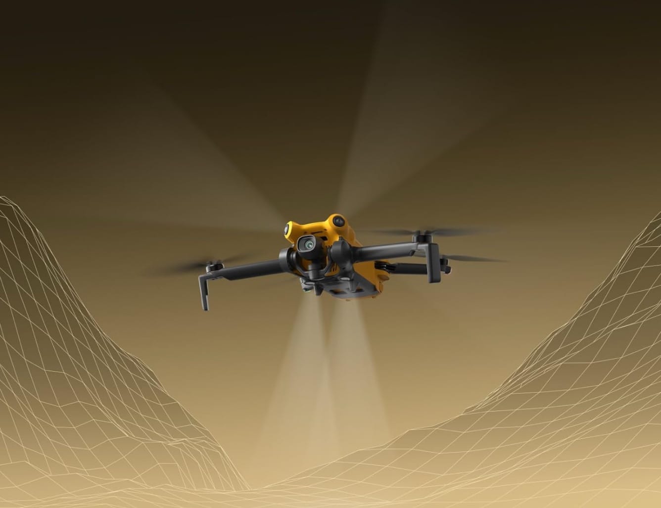 Marketing render of the yellow drone hovering over a golden wireframe landscape.