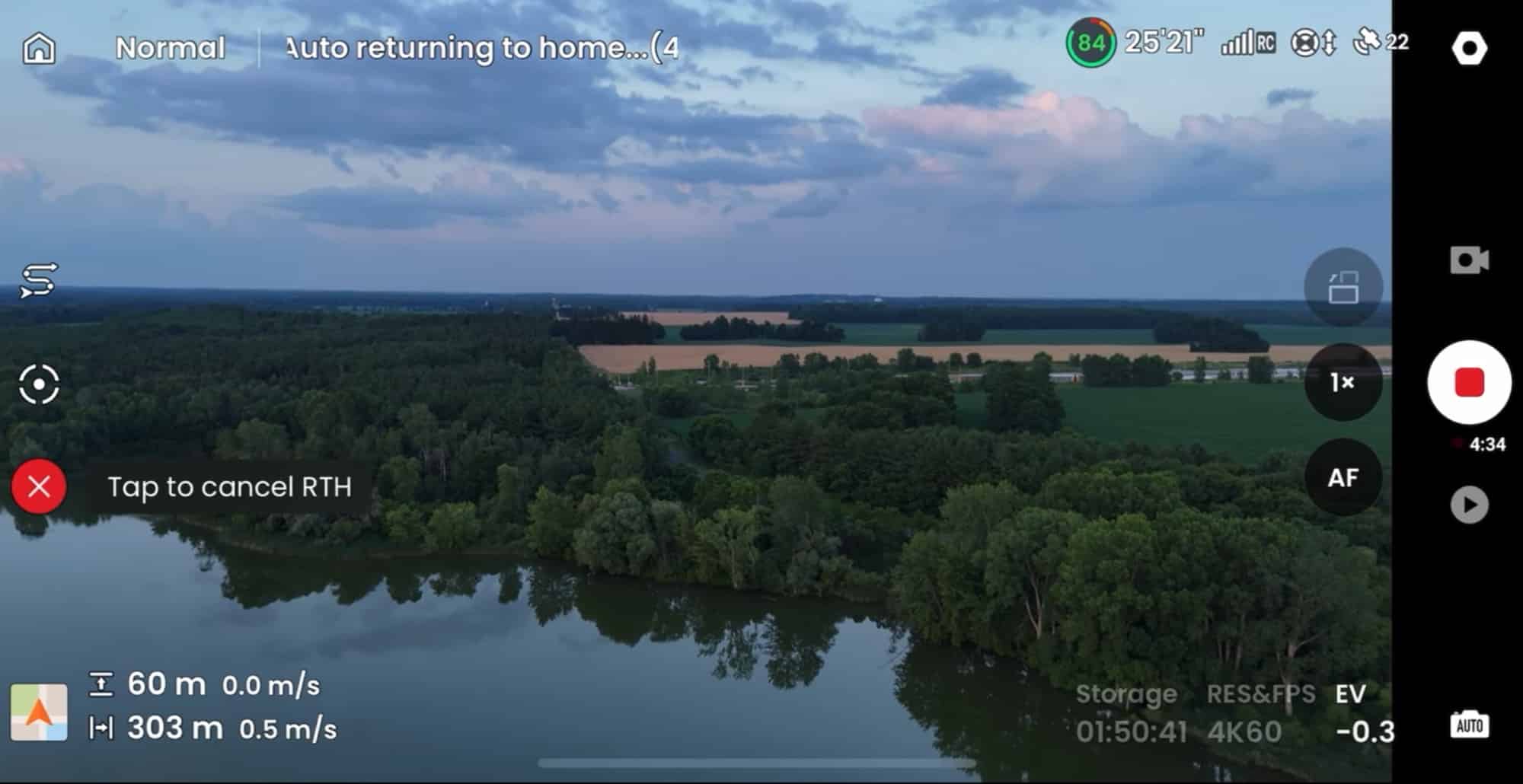 The SkyRover app shows a return-to-home prompt over a river and woodland.