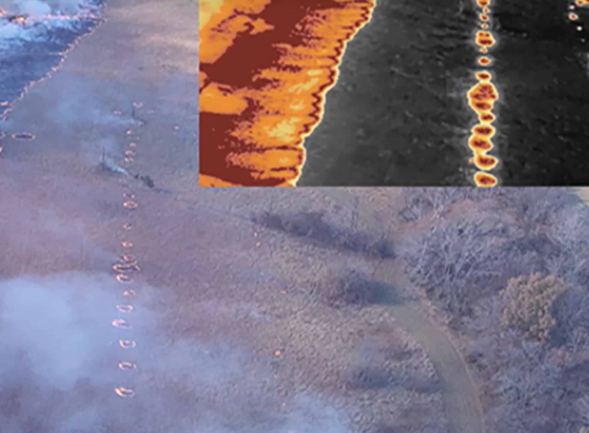 Aerial view of a line of ignition spots burning through brush, with a thermal inset.