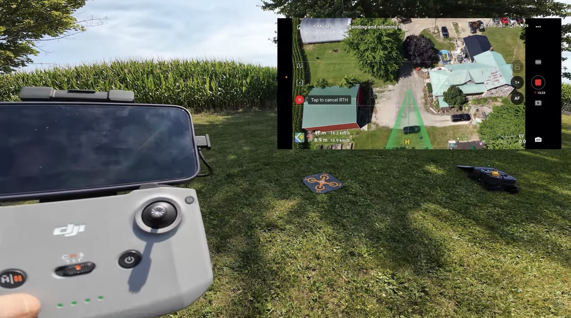 The DJI controller displays the Mini 4 Pro feed with the drone on the lawn.