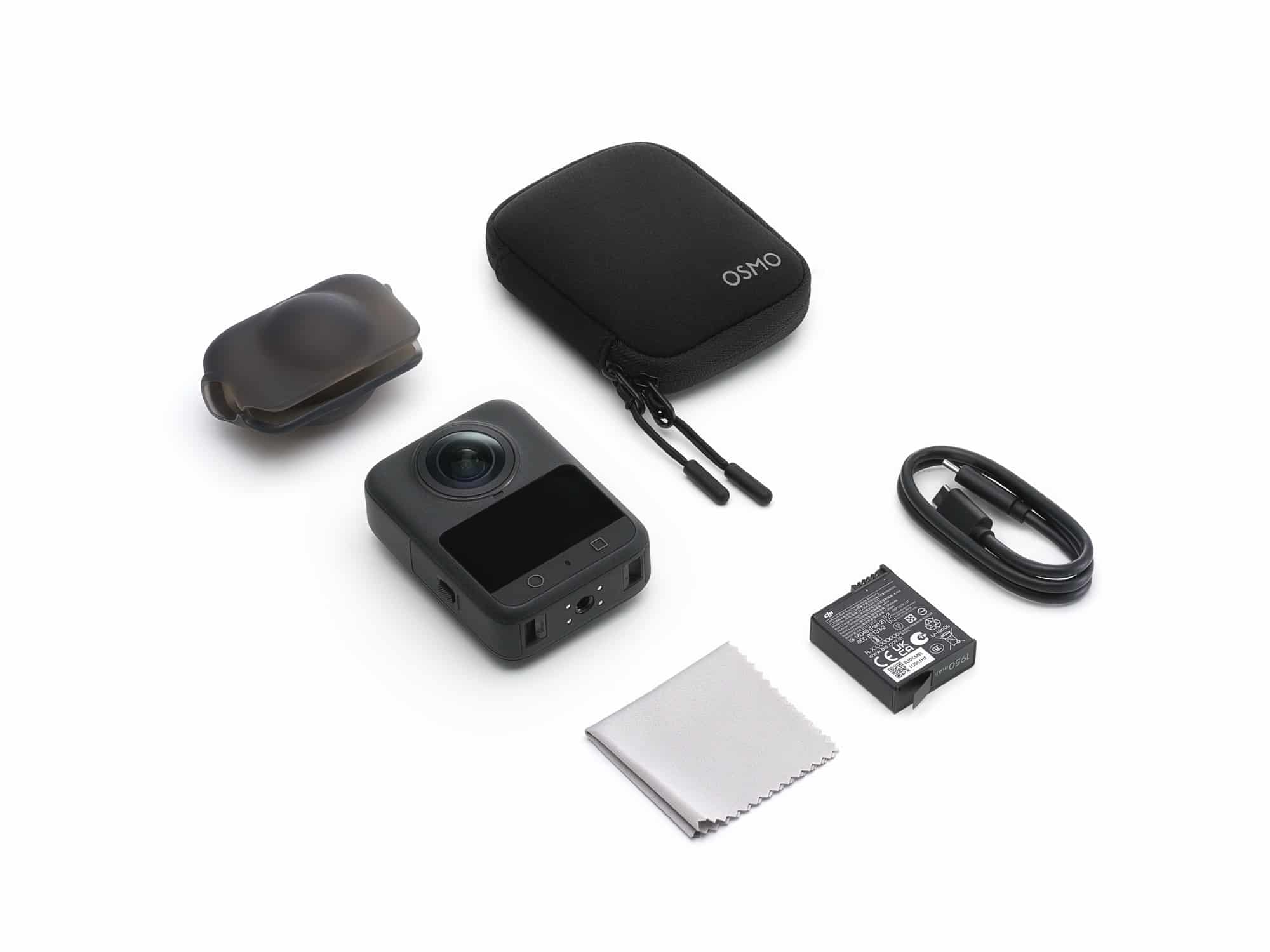 Flat lay of the Standard Combo with camera, one battery, case, cable and cloth.