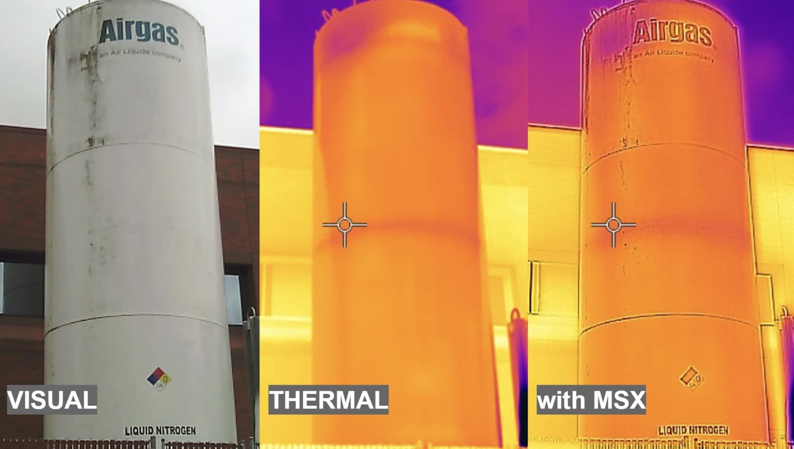Three-way comparison of a nitrogen tank in visual, thermal and MSX blended views.