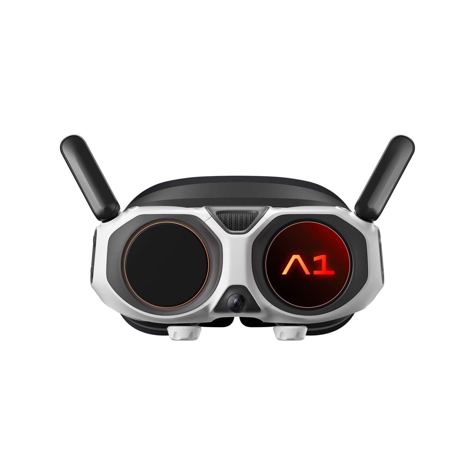 Front view of the A1 goggles with red lettering glowing on one lens.