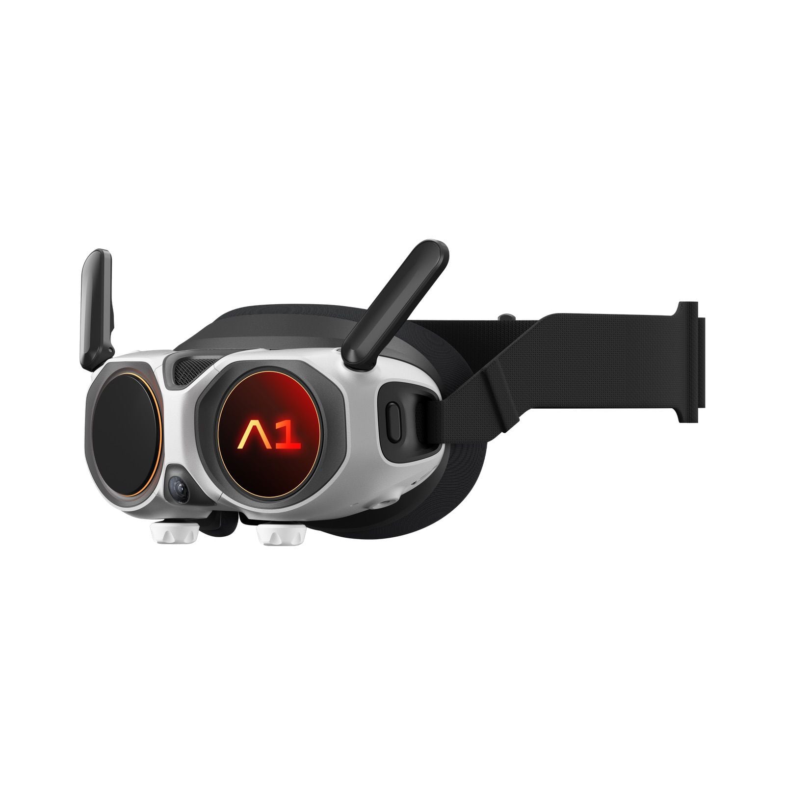 Angled view of the goggles with the head strap extended to one side.