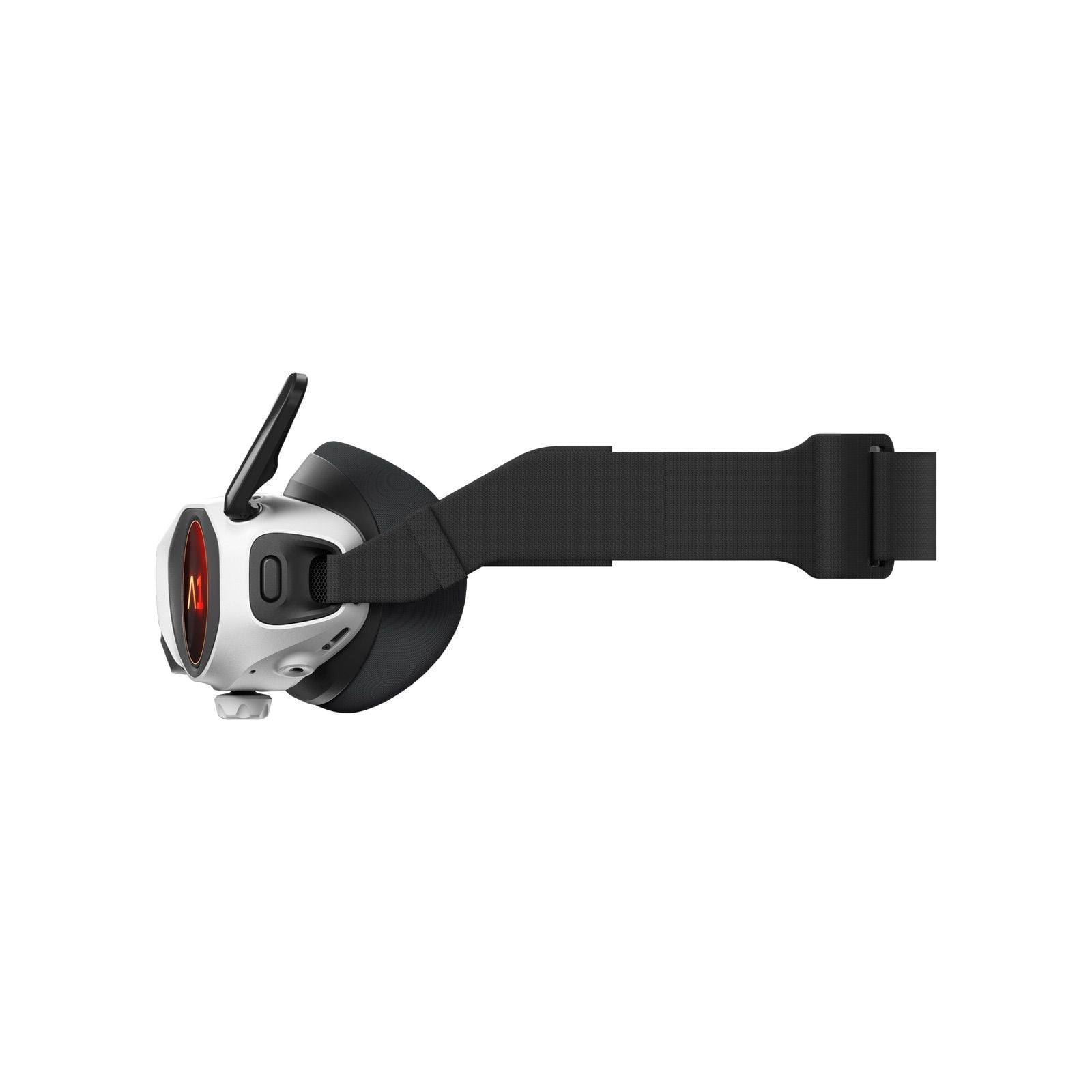 Side profile of the goggles showing the coiled strap and folded antenna.