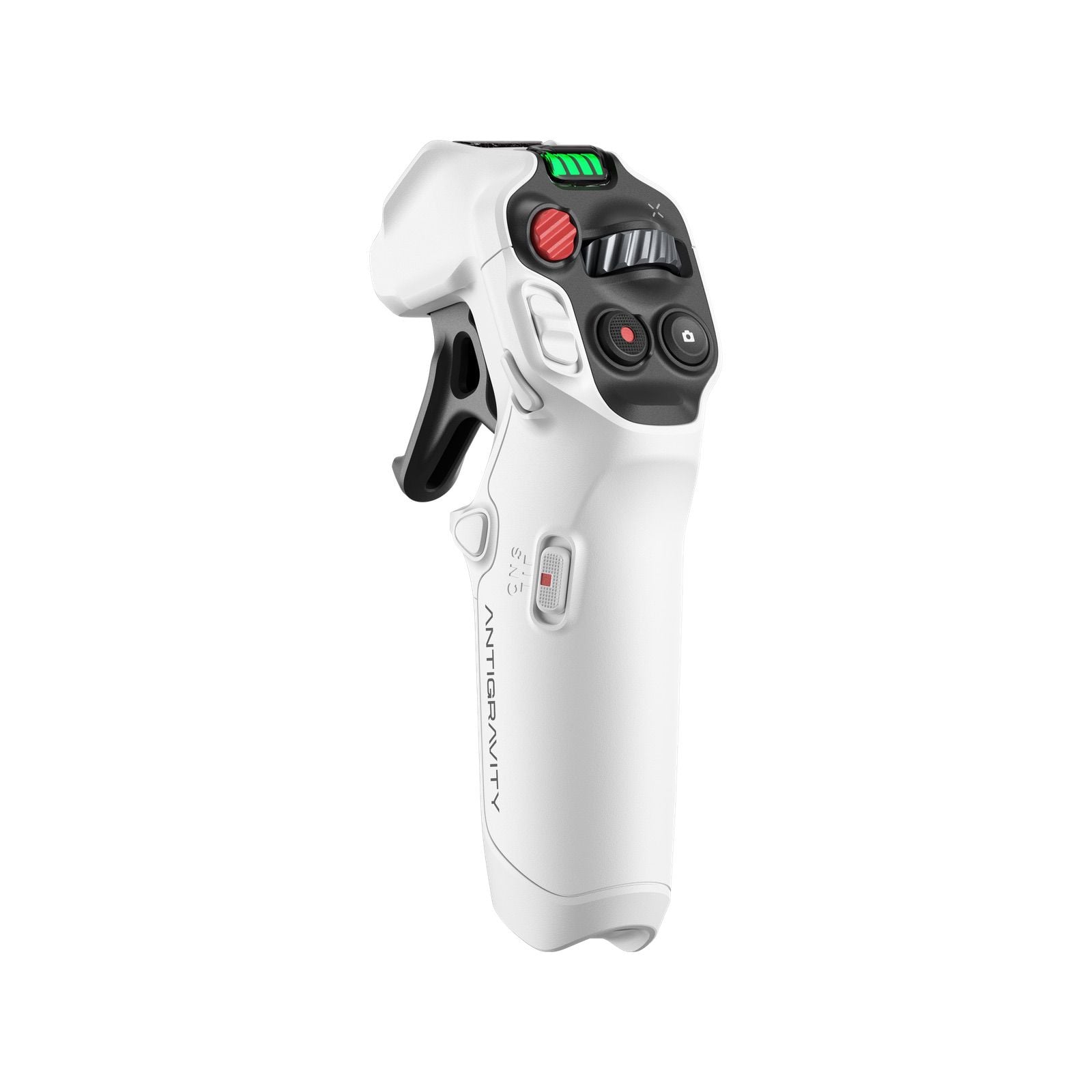 Angled view of the motion controller showing its red and grey buttons.