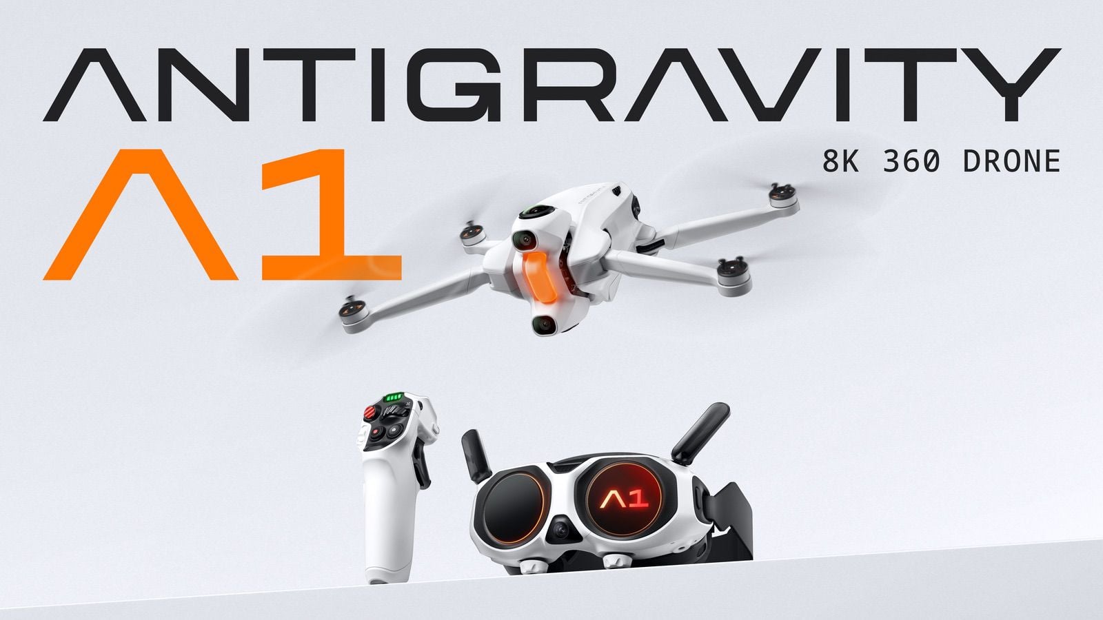 Product banner reading ANTIGRAVITY A1 8K 360 DRONE above the aircraft and goggles.