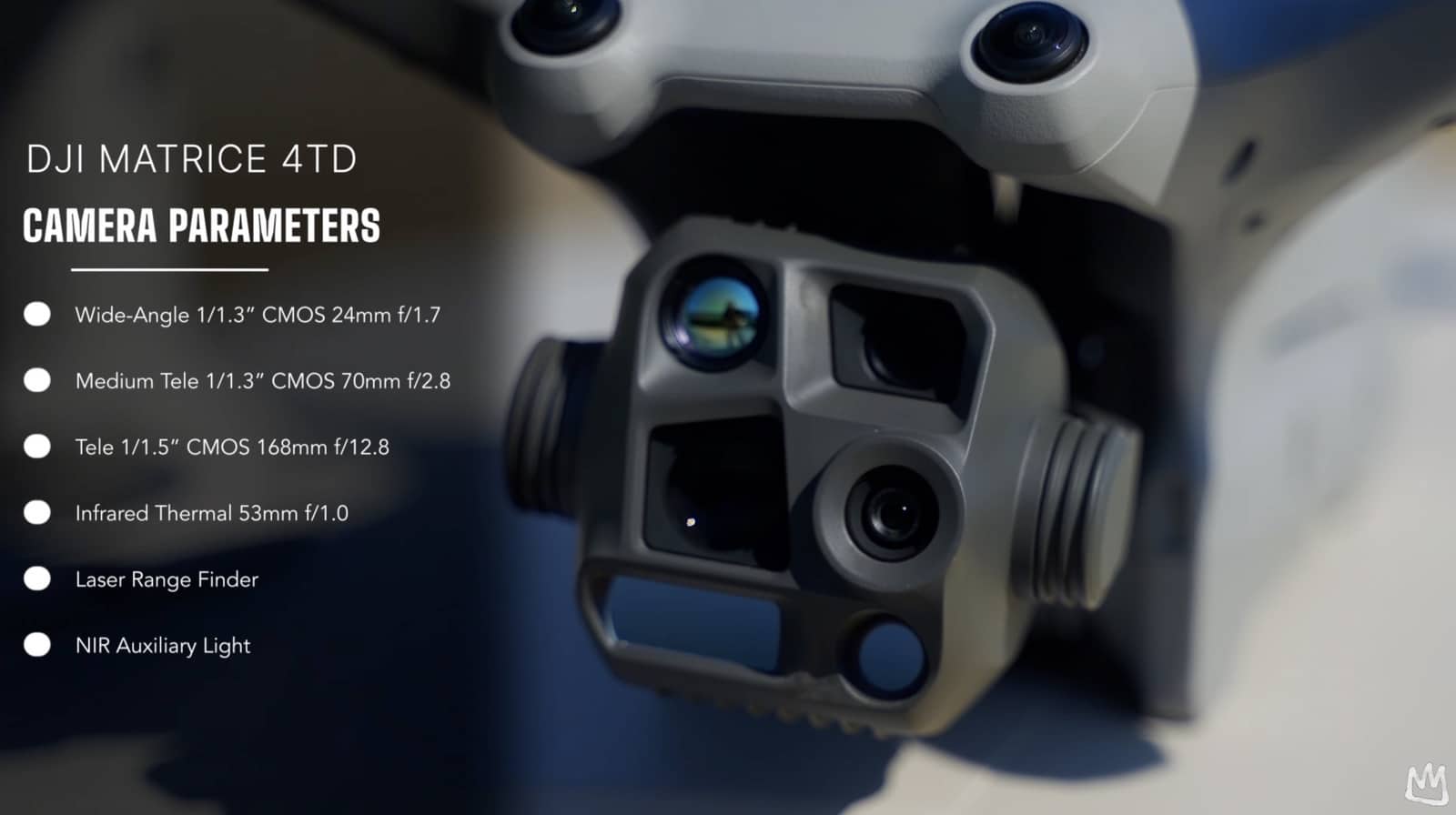 Graphic listing the Matrice 4TD camera parameters over a close-up of its turret.