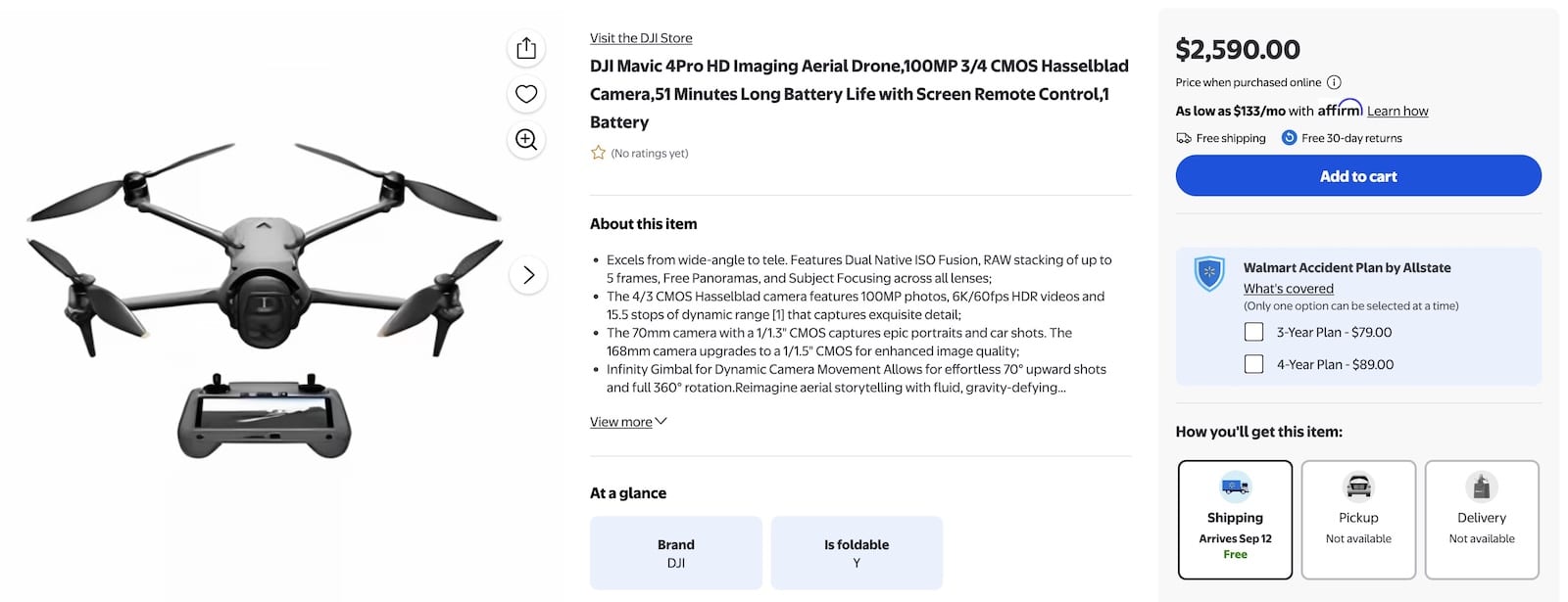 Screenshot of a Walmart listing offering the DJI Mavic 4 Pro for 2,590 dollars.