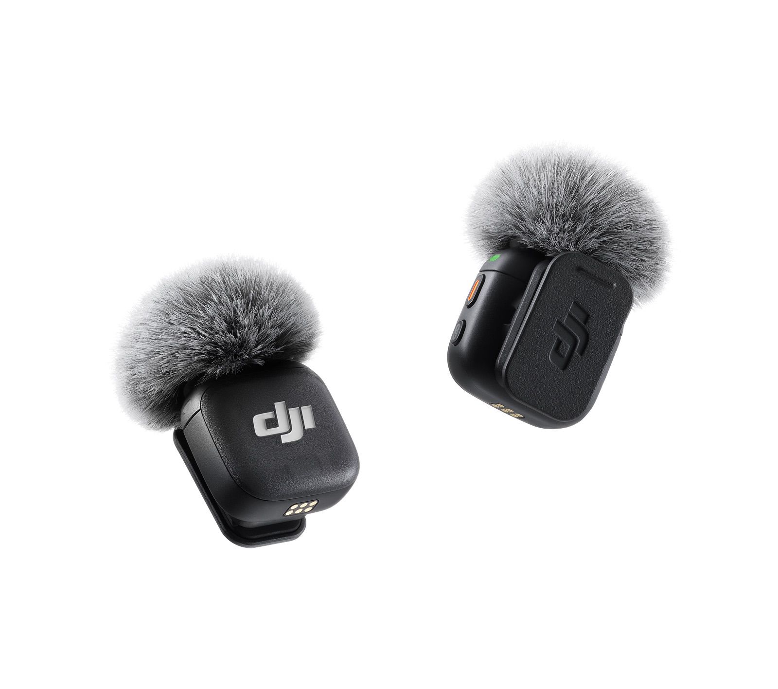Two transmitters on white, one bare and one wearing a fur windscreen.