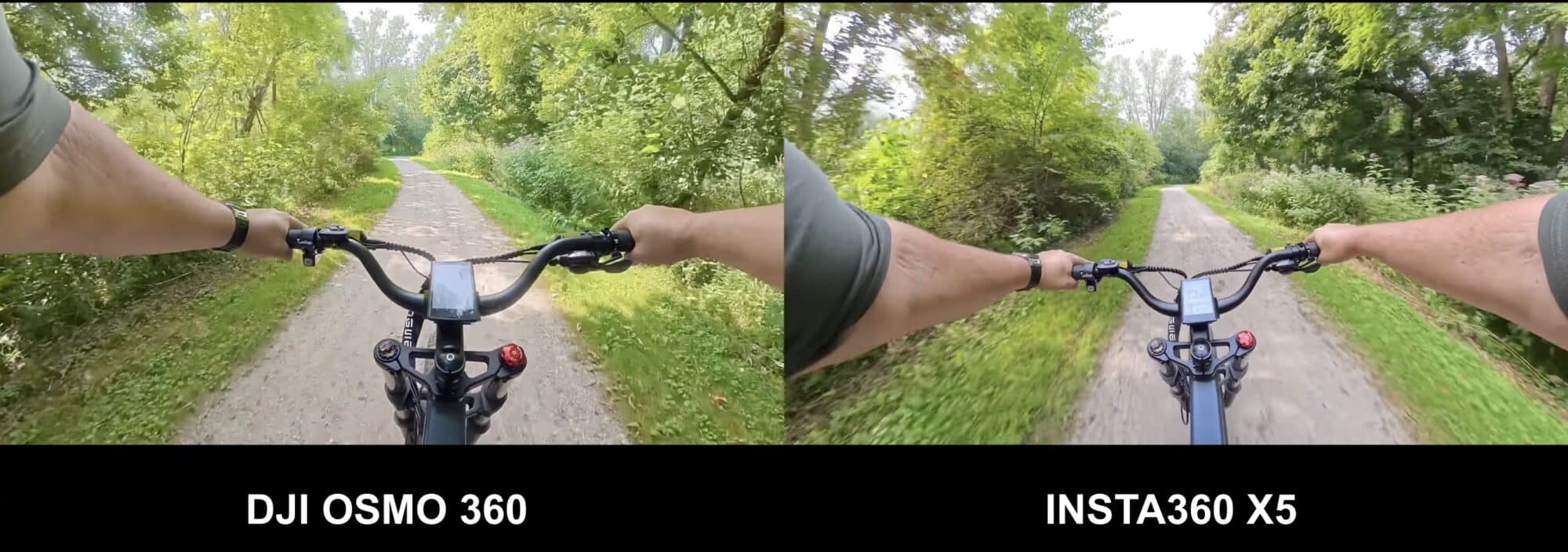 Split-screen handlebar footage labelled DJI Osmo 360 on the left, Insta360 X5 right.
