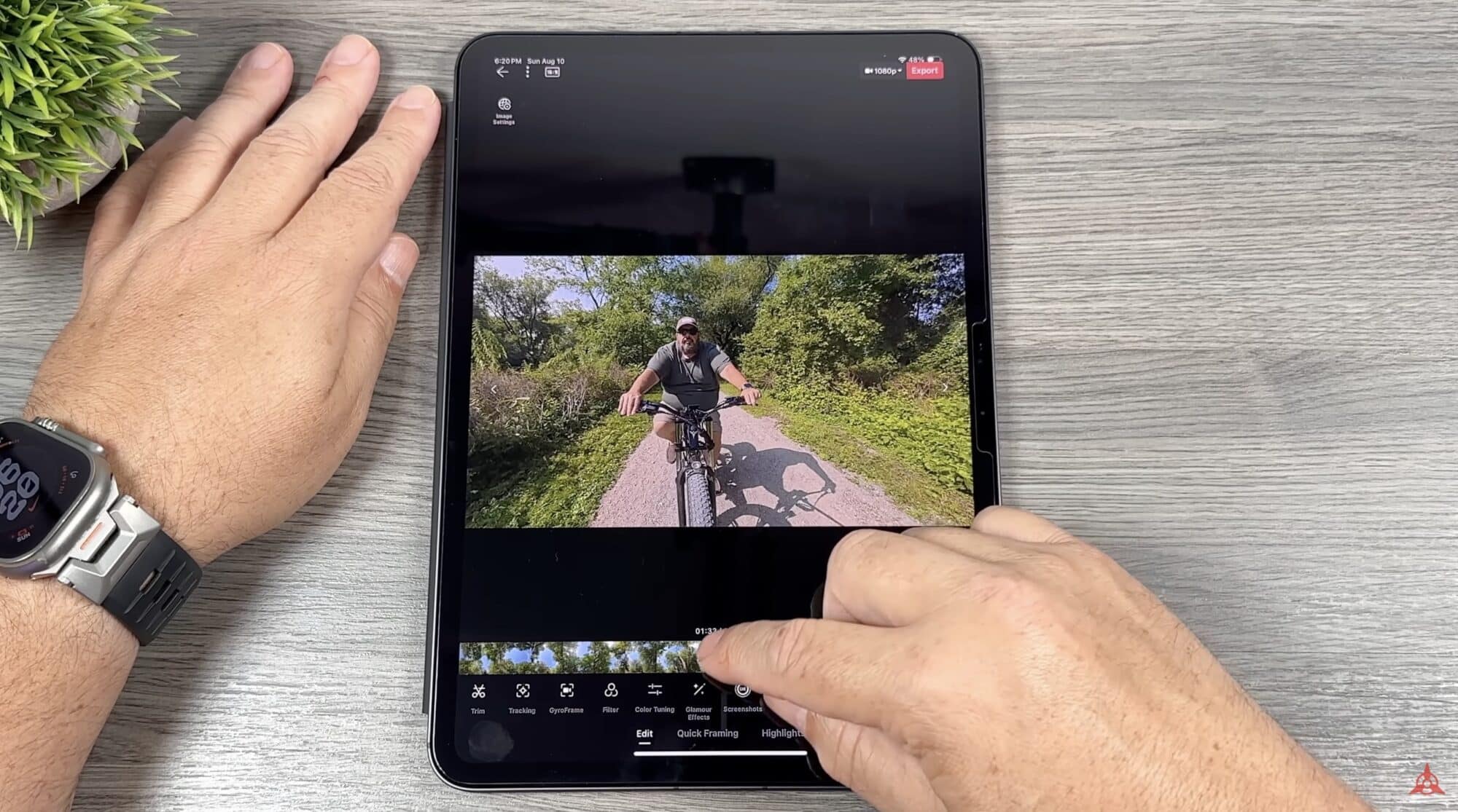 The Insta360 app editing toolbar open beneath the same cycling clip.