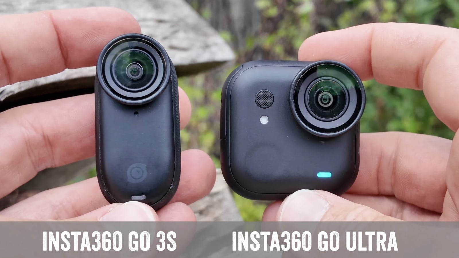 Insta360 GO 3S and GO Ultra held side by side for comparison.
